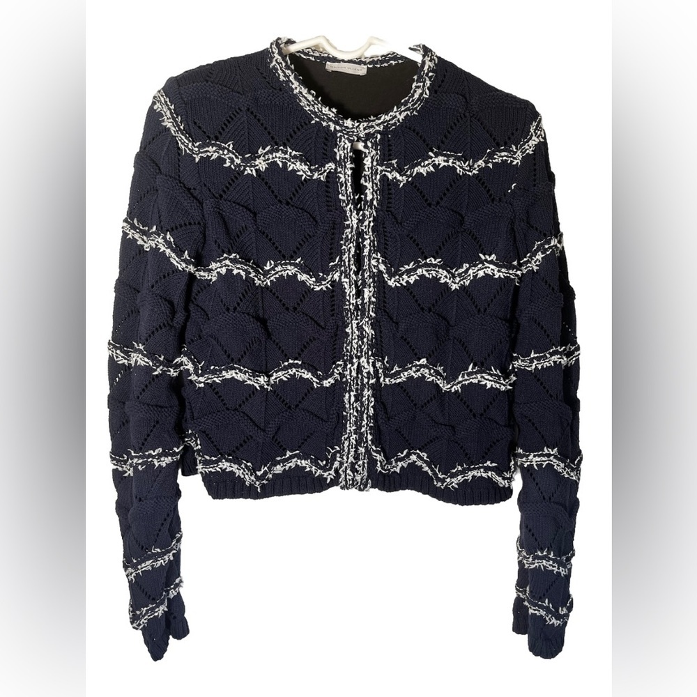 MAISON ULLENS Dark Blue Knit Sweater Jacket w/White Piping/ Leaf Detailing XS
